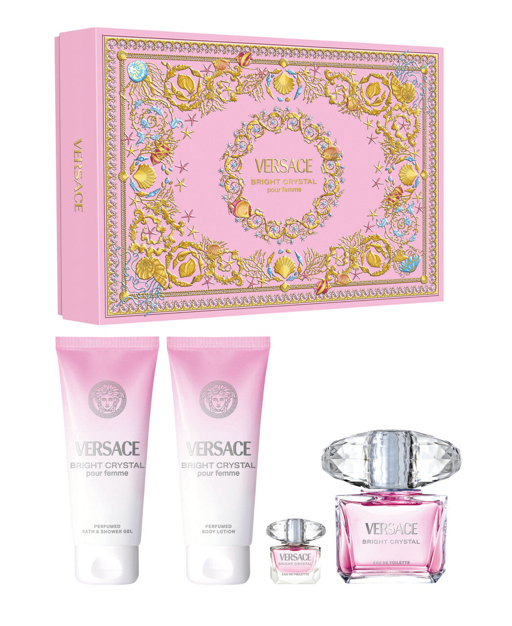 VERSACE BRIGHT CRYSTAL 4 PCS SET: 3 OZ EAU DE TOILETTE SPRAY + 5 ML EAU DE TOILETTE MINI + 3.4 BODY LOTION + 3.4 BATH & SHOWER GEL